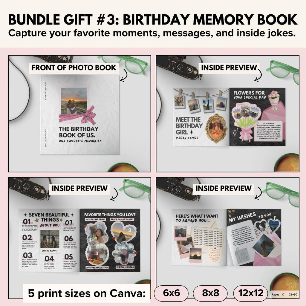 Birthday photo book front cover and inside page previews