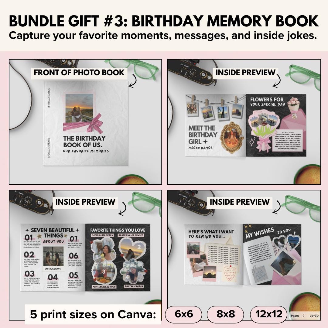 Birthday photo book front cover and inside page previews