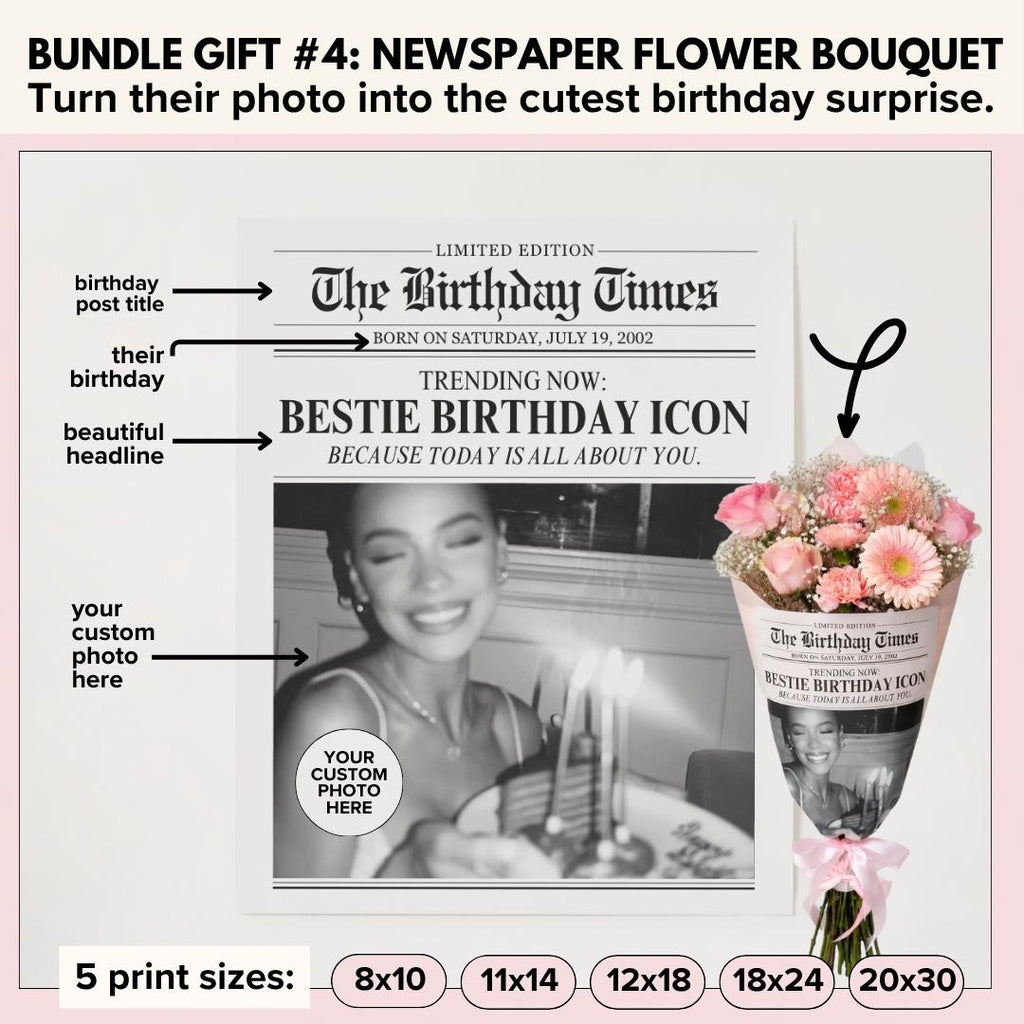 The Birthday Times newspaper wrapped around a real flower bouquet