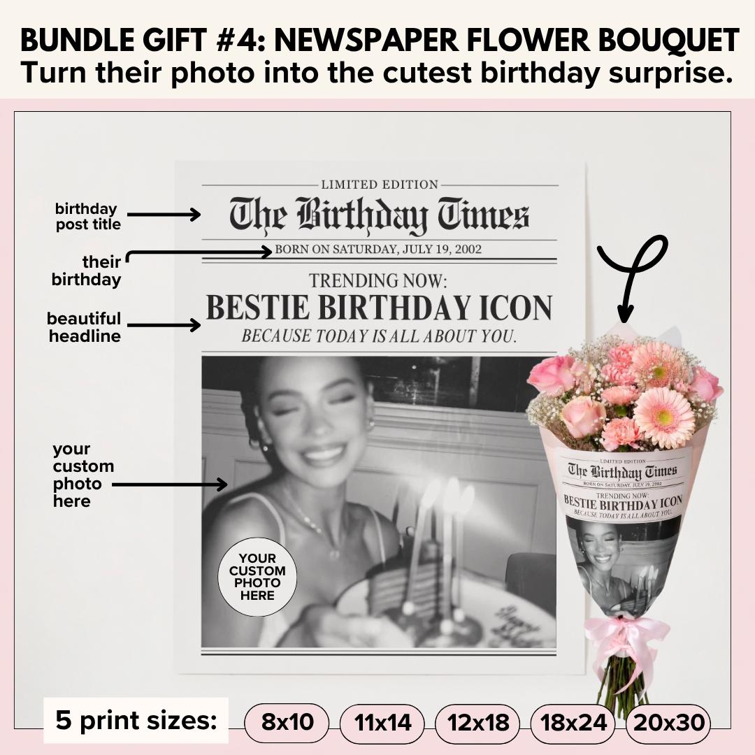 The Birthday Times newspaper wrapped around a real flower bouquet