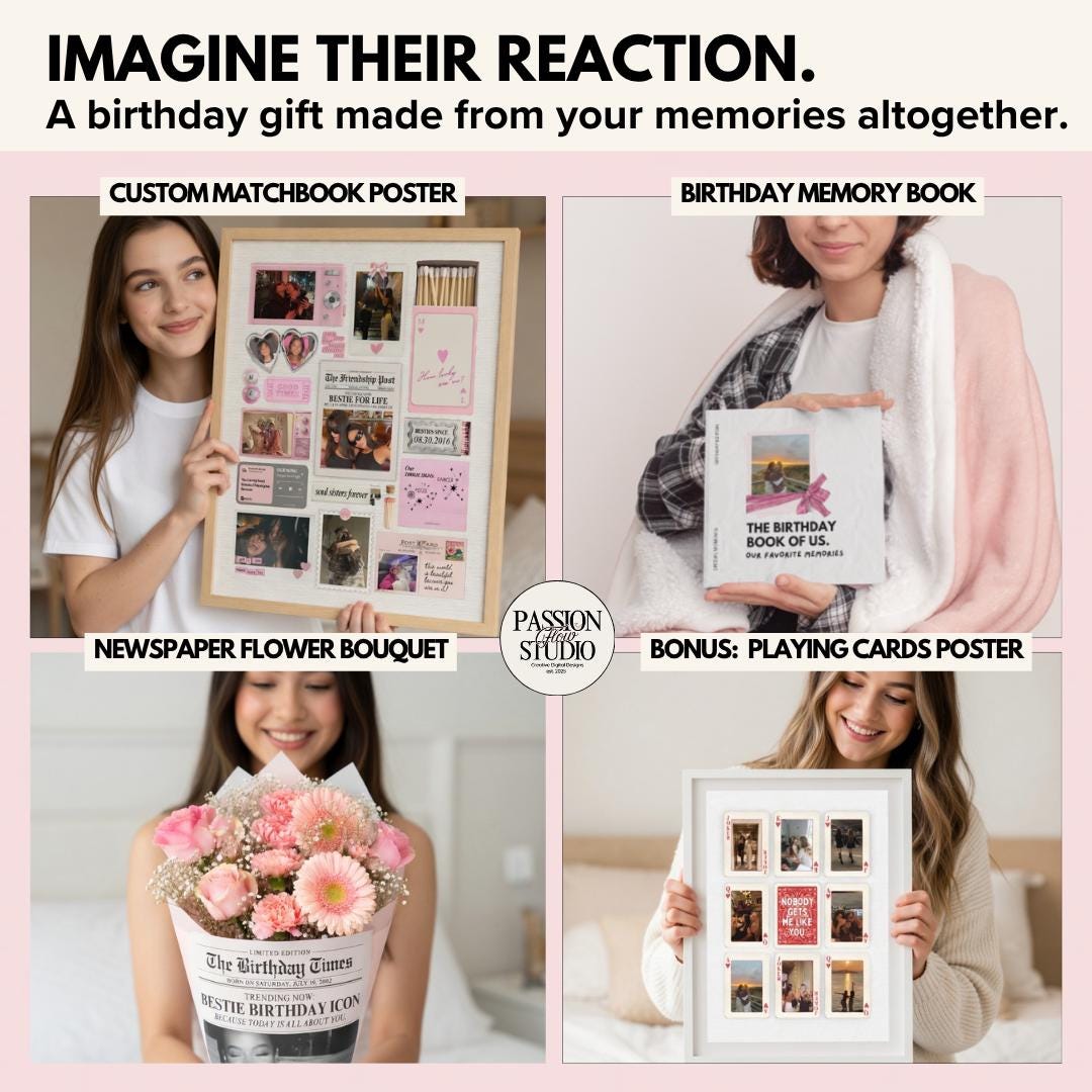 Friends holding the matchbook poster, birthday photo book, newspaper bouquet and playing cards poster