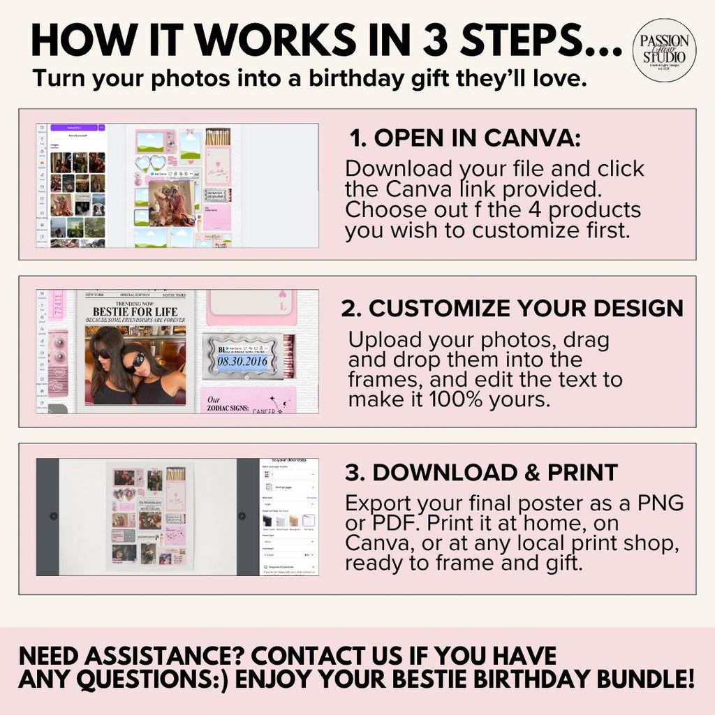 How it works: open in Canva, customize your design, download and print