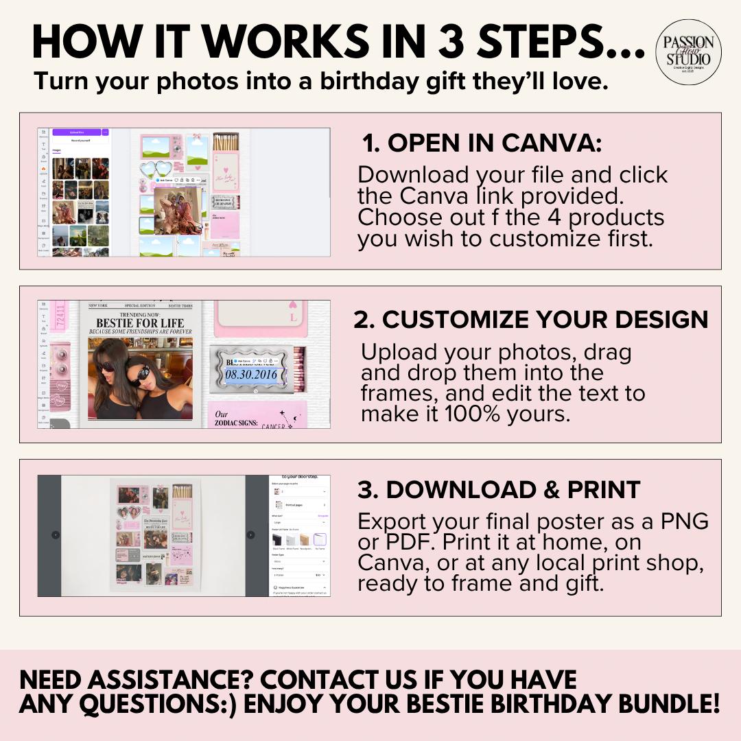 How it works: open in Canva, customize your design, download and print