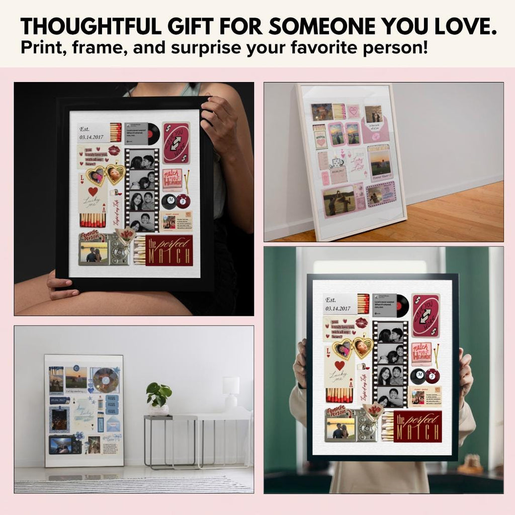 Couple matchbook poster framed and shown in four home settings
