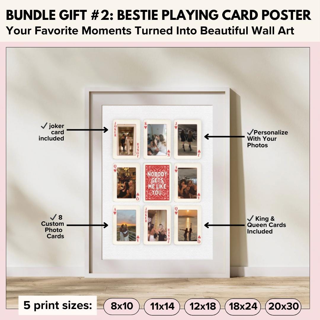 Bestie playing cards poster with 8 custom photo cards, king and queen cards and a joker card