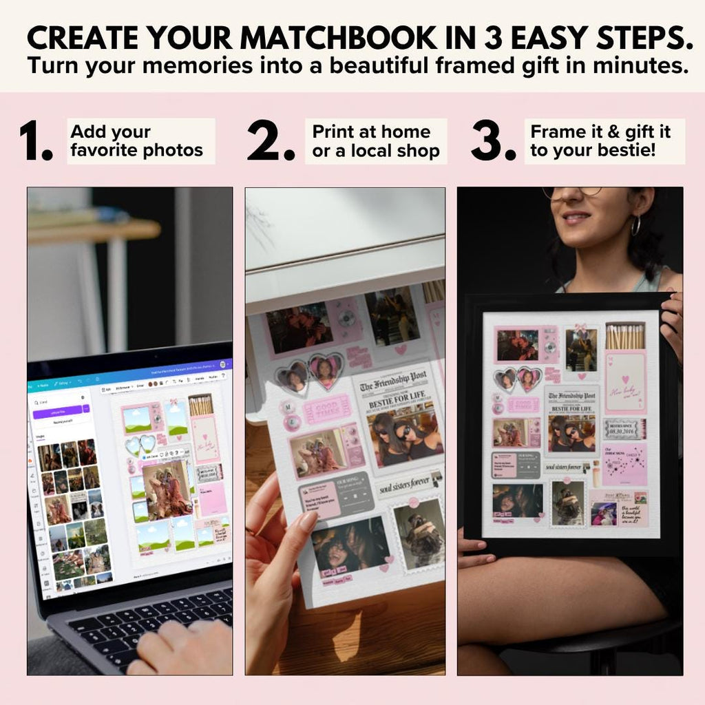 Add your photos, print at home or a local shop, then frame and gift the matchbook poster
