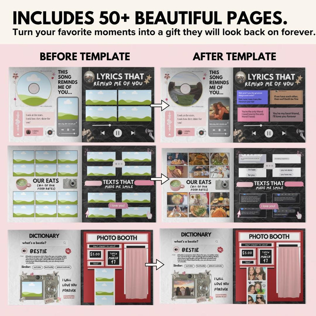Birthday photo book pages before and after adding photos