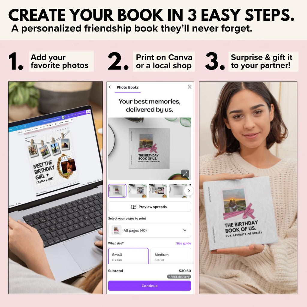 Edit the birthday photo book in Canva, print it and gift it to your bestie