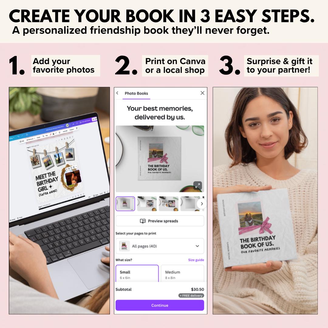 Edit the birthday photo book in Canva, print it and gift it to your bestie