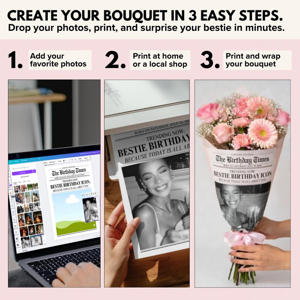 Add your photos, print, then wrap a real bouquet in the birthday newspaper