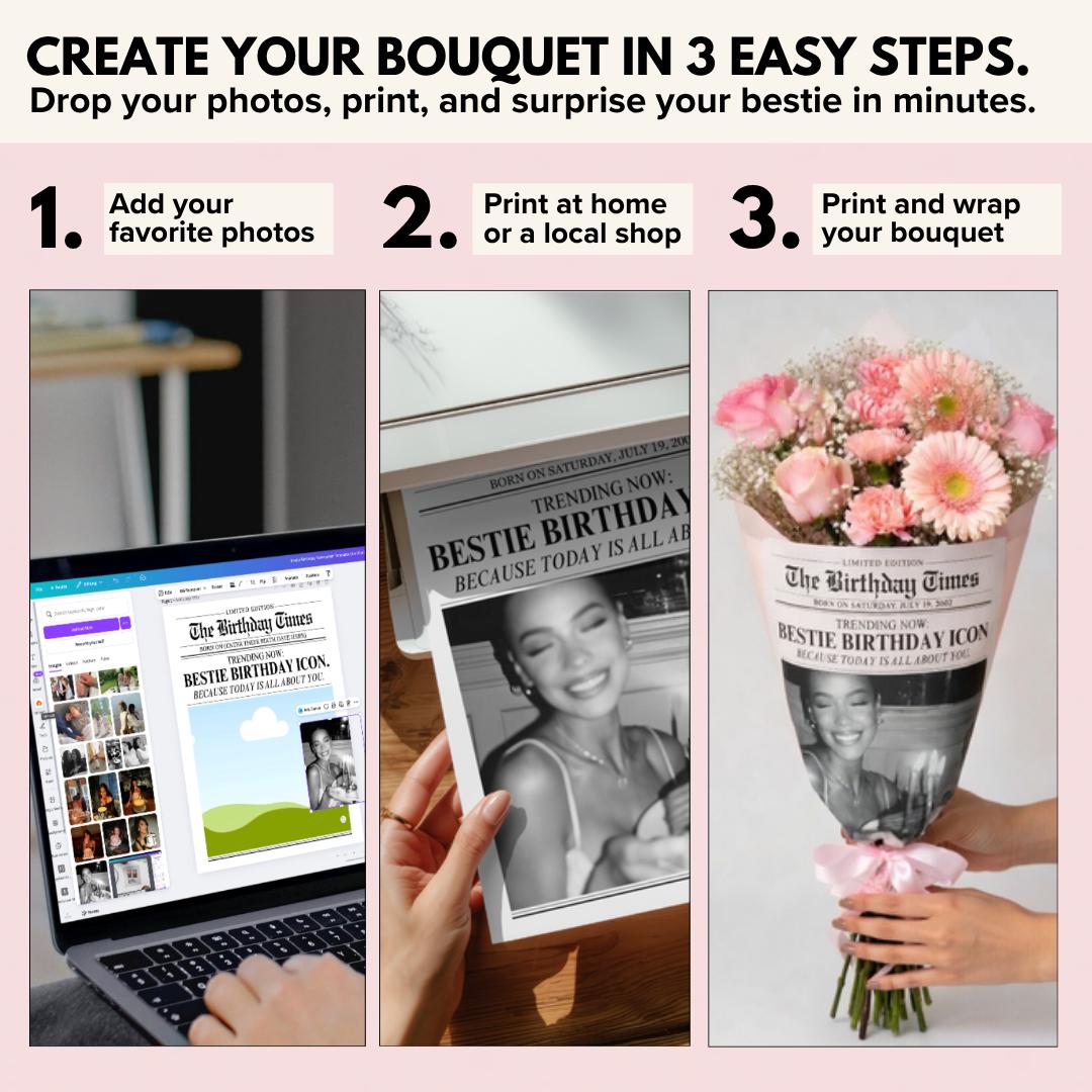 Add your photos, print, then wrap a real bouquet in the birthday newspaper
