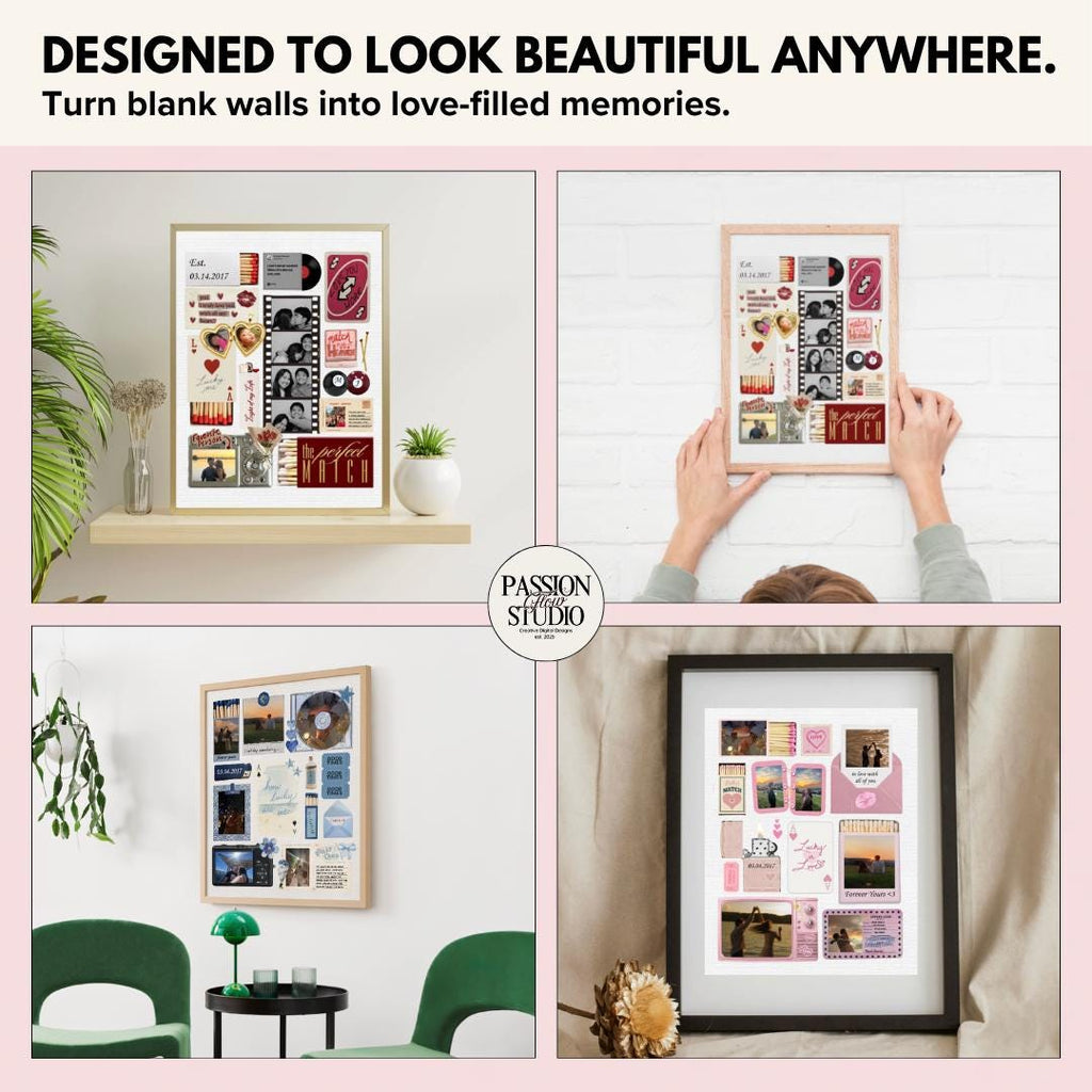 Matchbook posters displayed on a shelf, a wall and a bedside table