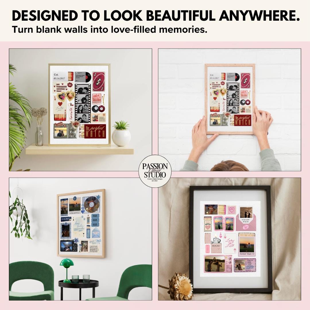 Matchbook posters displayed on a shelf, a wall and a bedside table