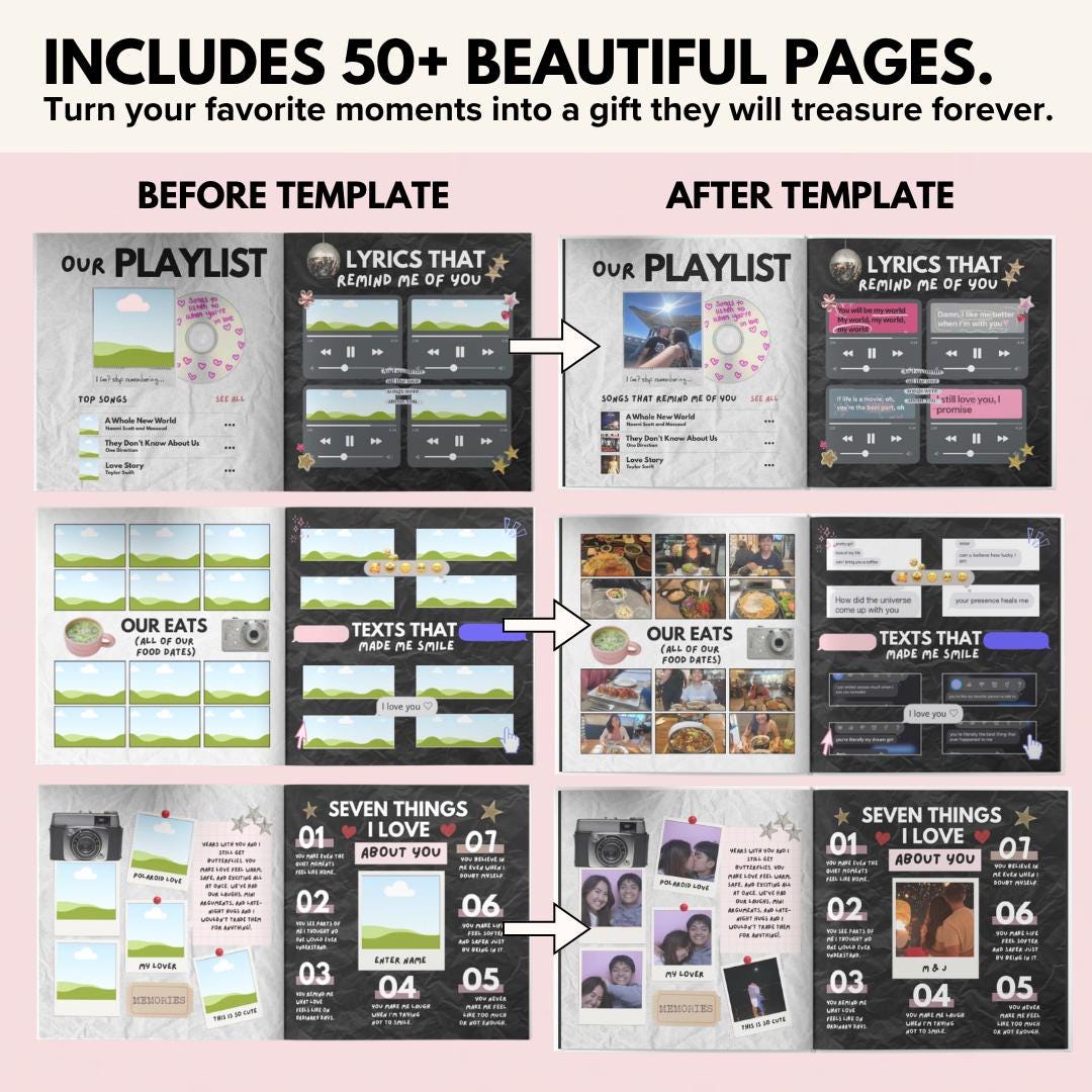 Couple photo book with 50+ pages, shown before and after personalizing