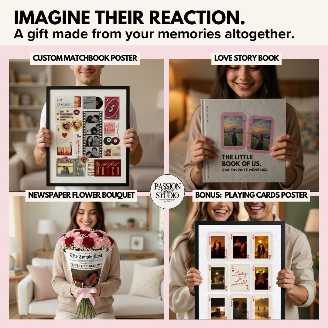 Partners reacting to the matchbook poster, love story book, newspaper bouquet and playing cards poster
