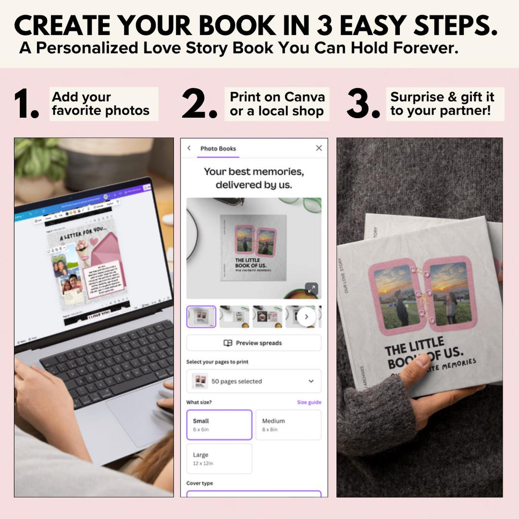 Create your love story book in 3 easy steps and print with Canva or a local shop