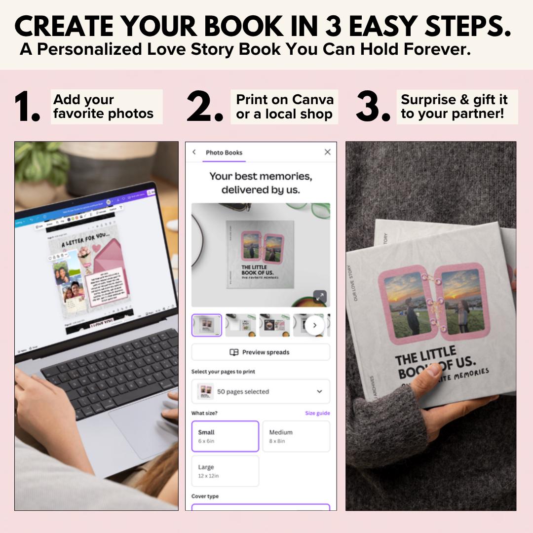 Create your love story book in 3 easy steps and print with Canva or a local shop