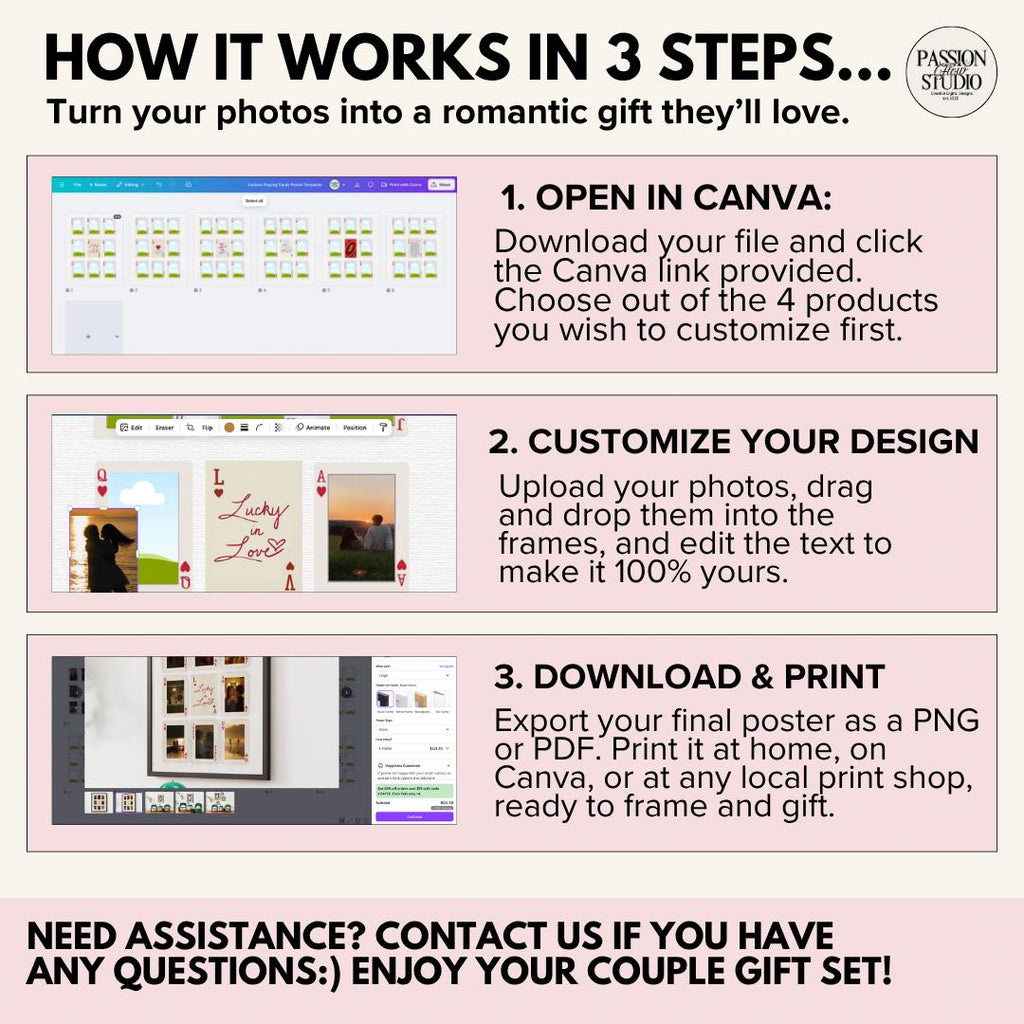 How the couple gift bundle works in 3 steps: open in Canva, customize, download and print