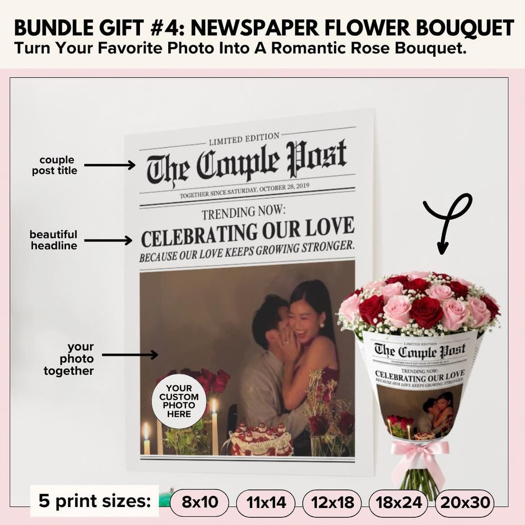 Bundle gift 4: The Couple Post newspaper wrap for a flower bouquet, in 5 print sizes