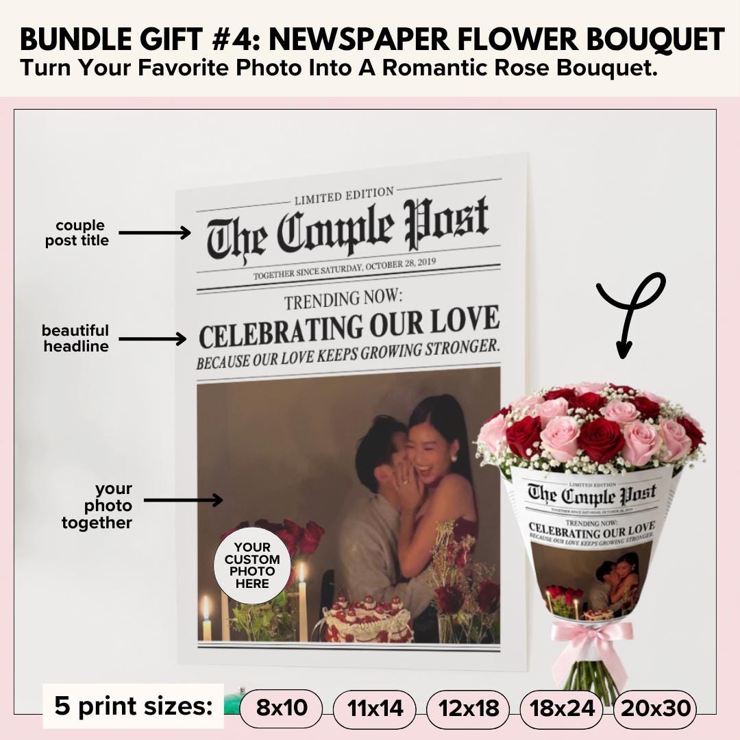 Bundle gift 4: The Couple Post newspaper wrap for a flower bouquet, in 5 print sizes