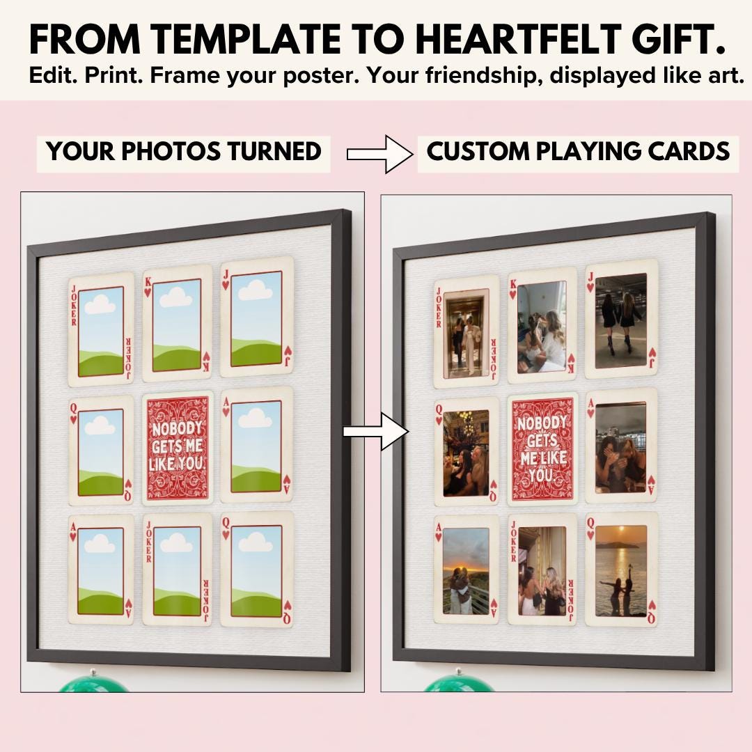 Your photos turned into custom playing cards, before and after