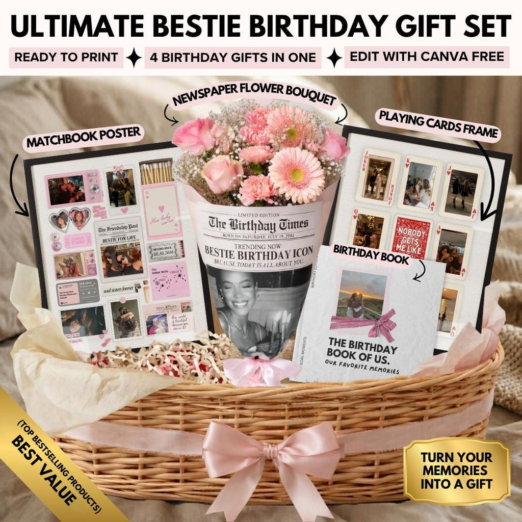 Best friend birthday gift bundle in a basket: matchbook poster, playing cards frame, newspaper flower bouquet and birthday photo book