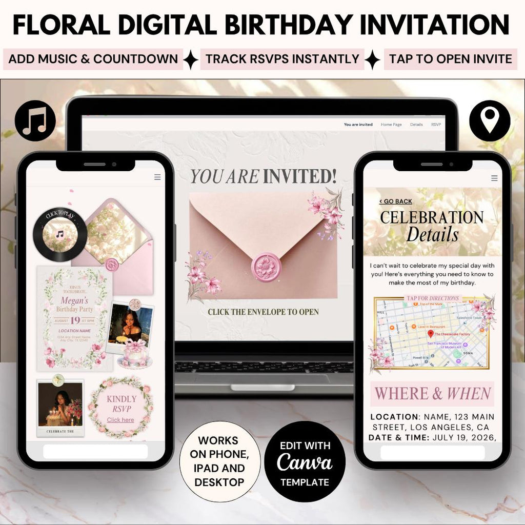 Floral birthday invitation website with an animated pink envelope and wax seal