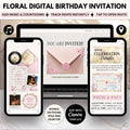 Floral birthday invitation website with an animated pink envelope and wax seal