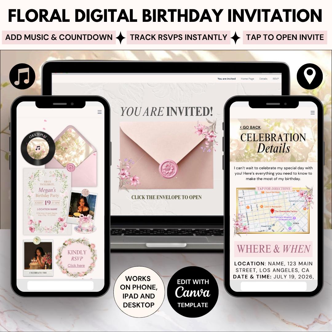 Floral birthday invitation website with an animated pink envelope and wax seal