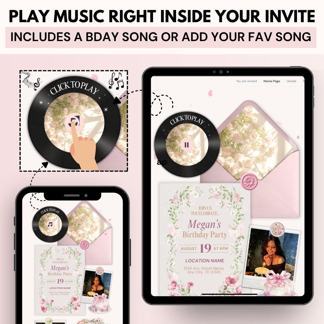 Birthday invite with a click-to-play music button on a tablet and phone