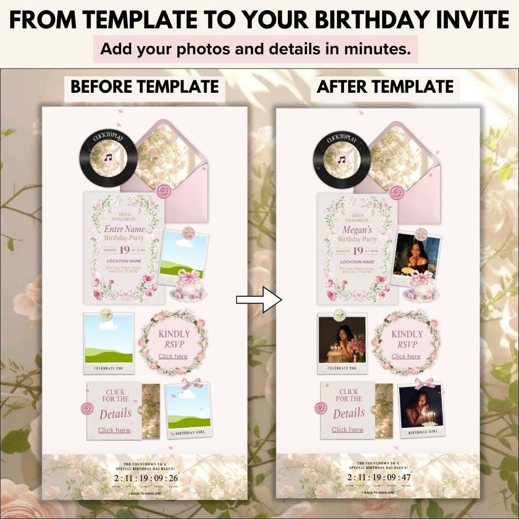 Before and after: blank template next to a finished birthday invite
