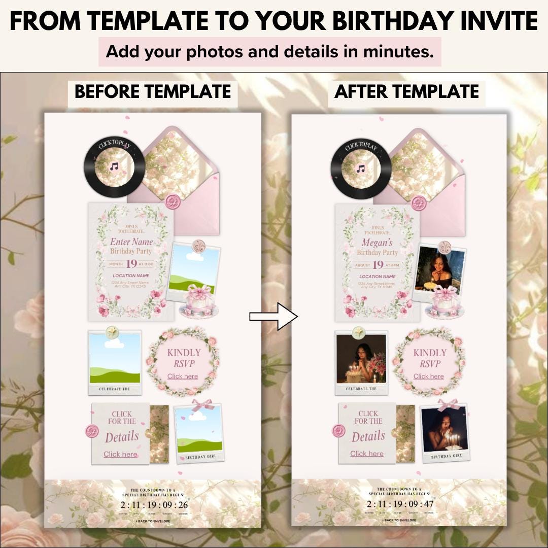 Before and after: blank template next to a finished birthday invite