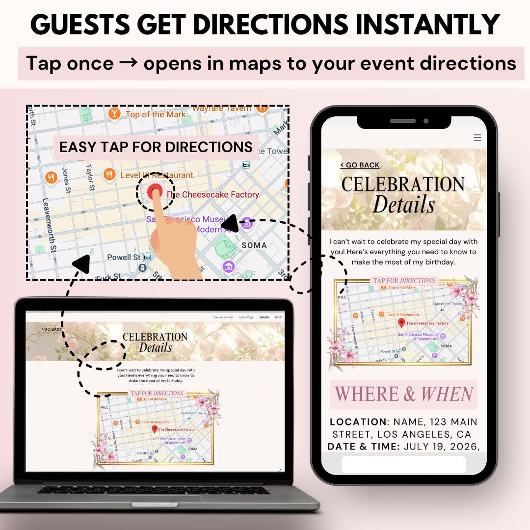 Party details page with tap-for-directions map