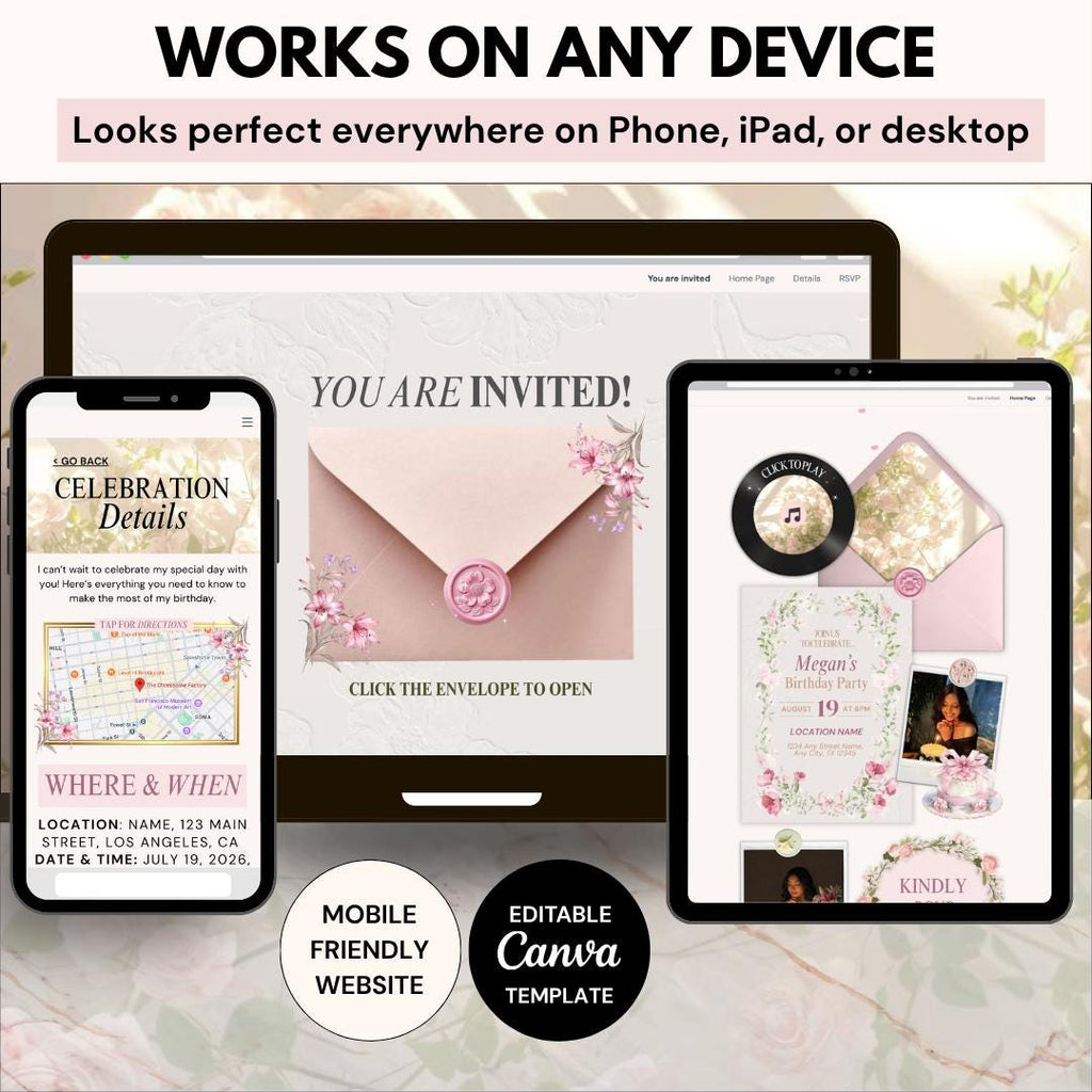 Birthday invite shown on phone, tablet and computer