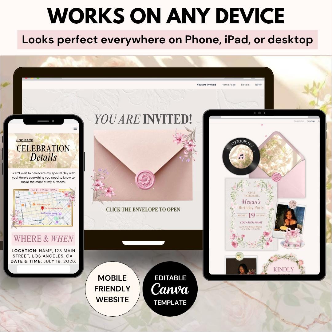 Birthday invite shown on phone, tablet and computer