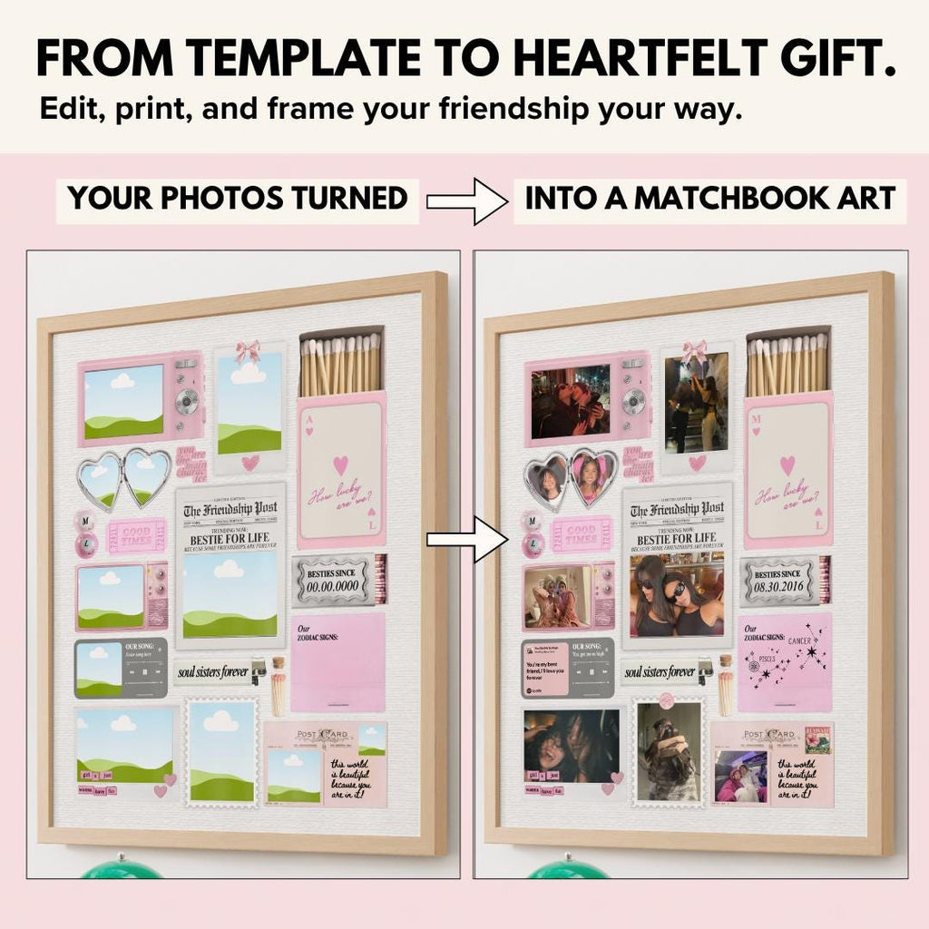 Your photos turned into a bestie matchbook poster, before and after