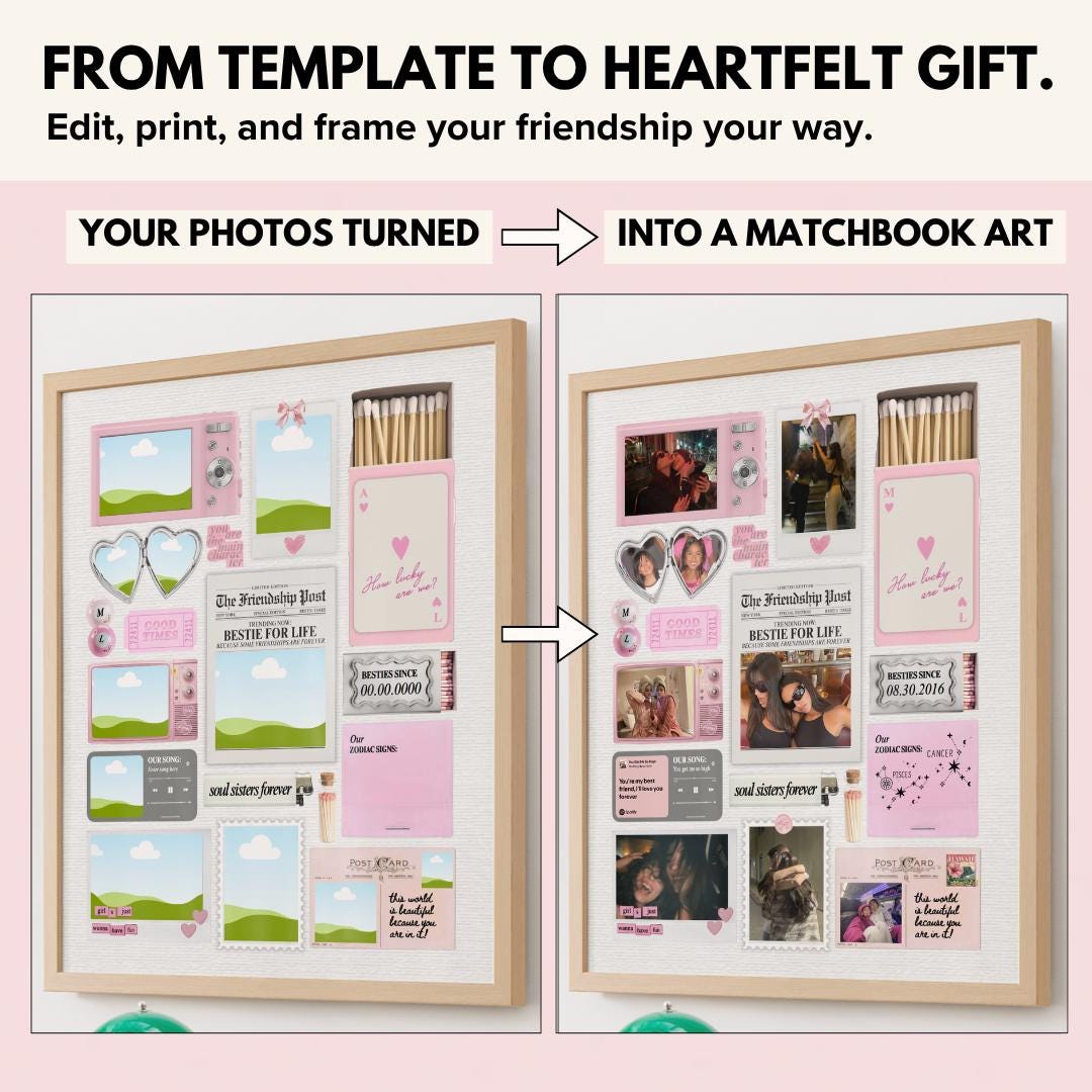 Your photos turned into a bestie matchbook poster, before and after