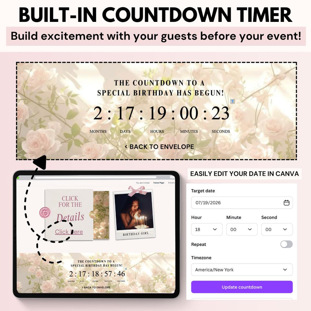 Live countdown timer to the birthday party