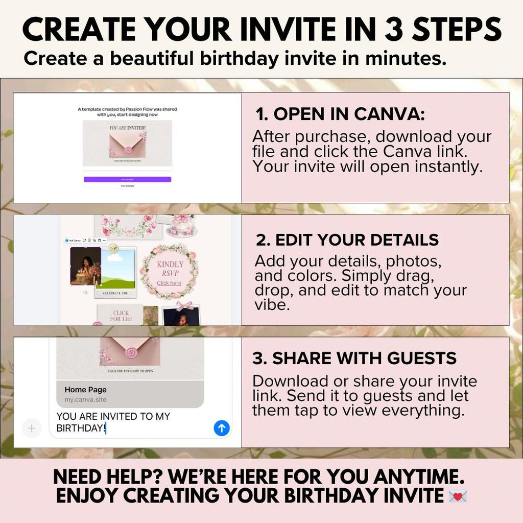 Create your invite in 3 steps: open in Canva, edit, share