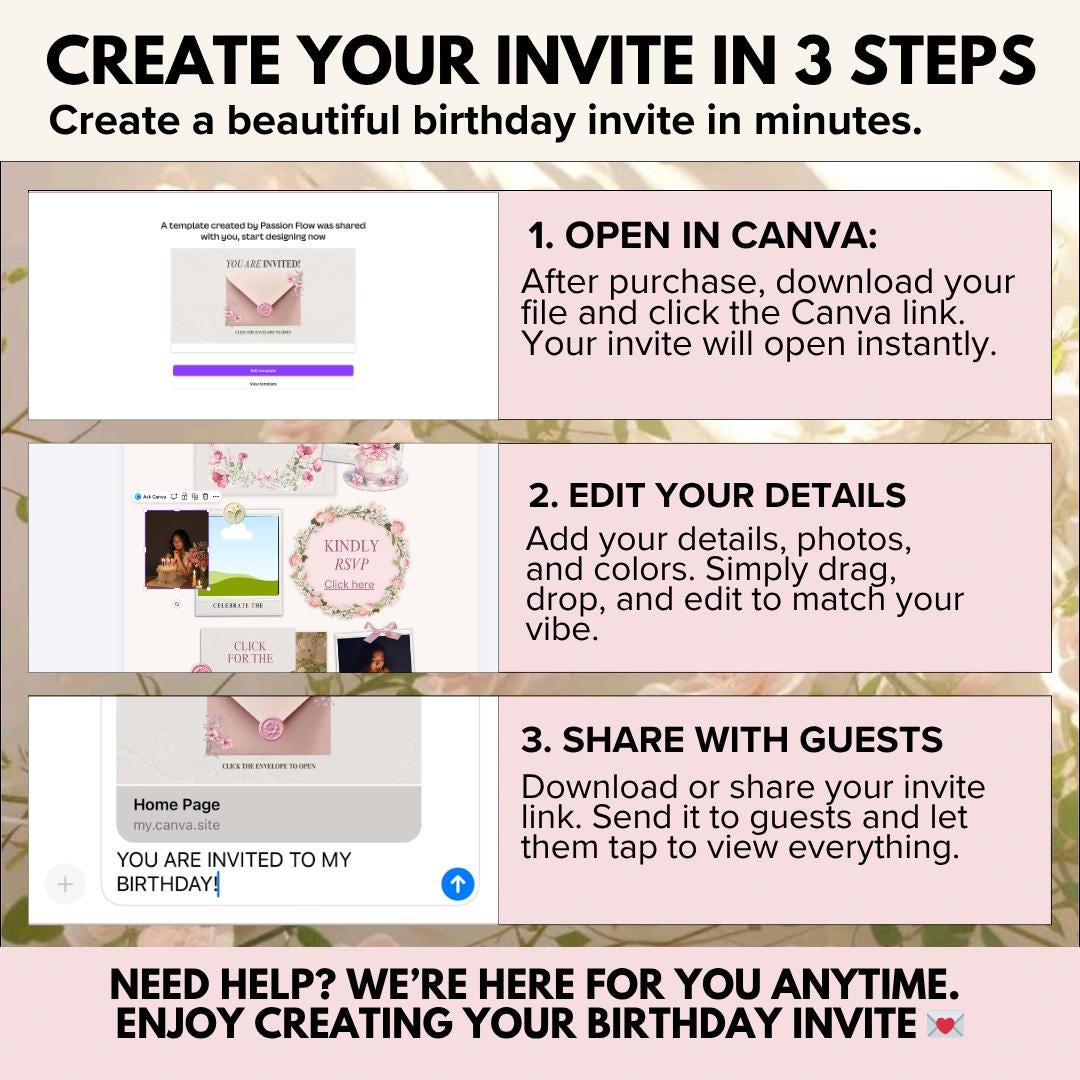 Create your invite in 3 steps: open in Canva, edit, share