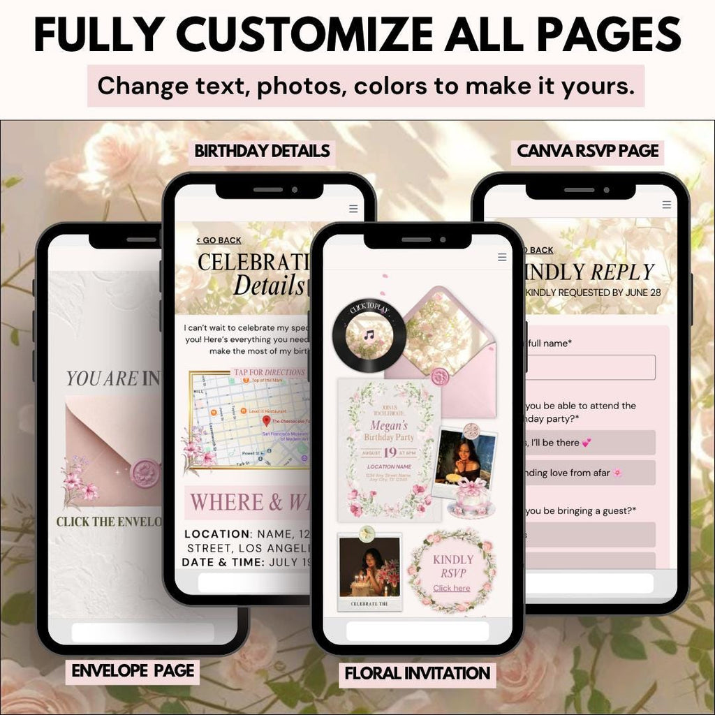 Four phone screens showing every editable page of the birthday invite
