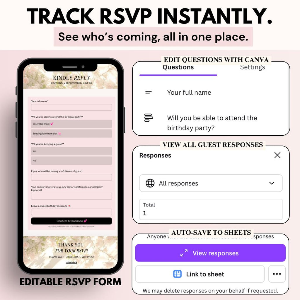 RSVP form with responses you can track in Canva or Google Sheets