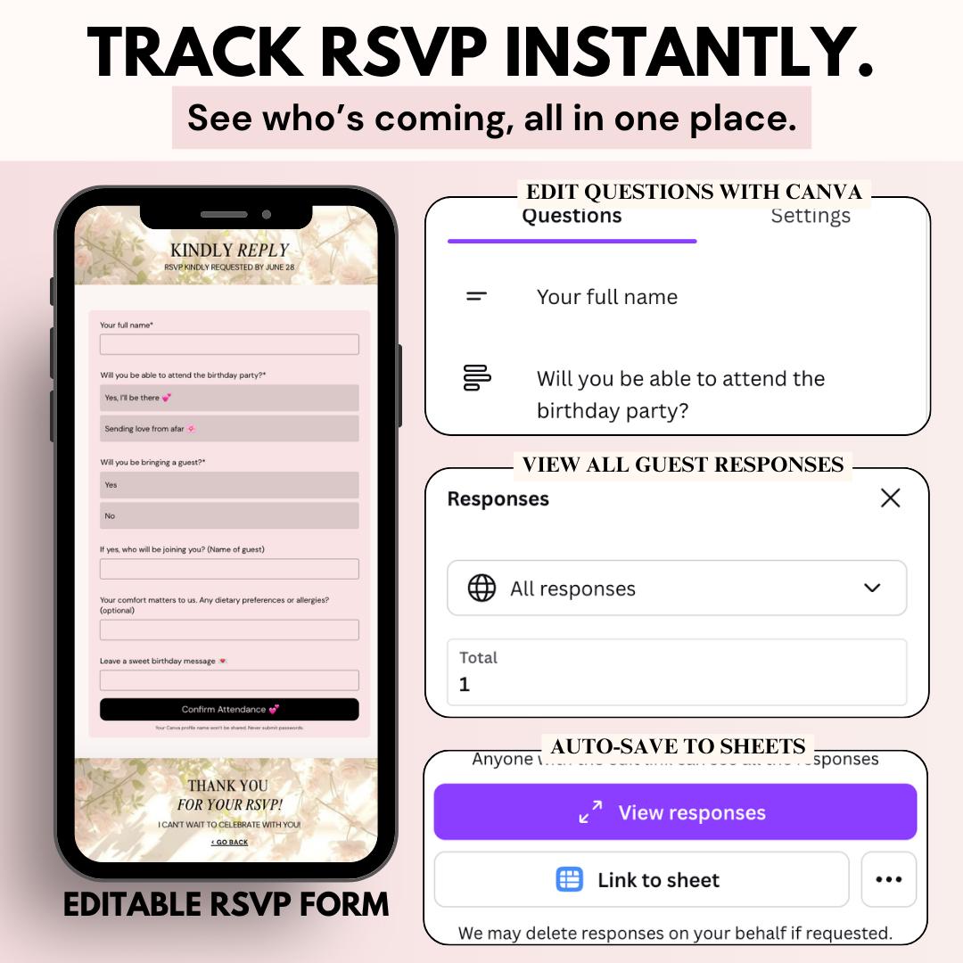 RSVP form with responses you can track in Canva or Google Sheets