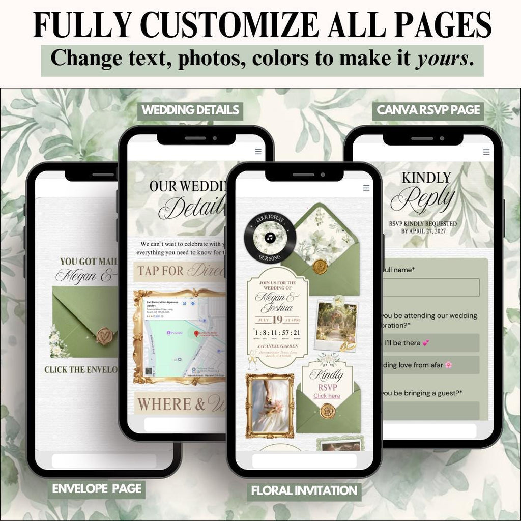 Sage green wedding invite website pages