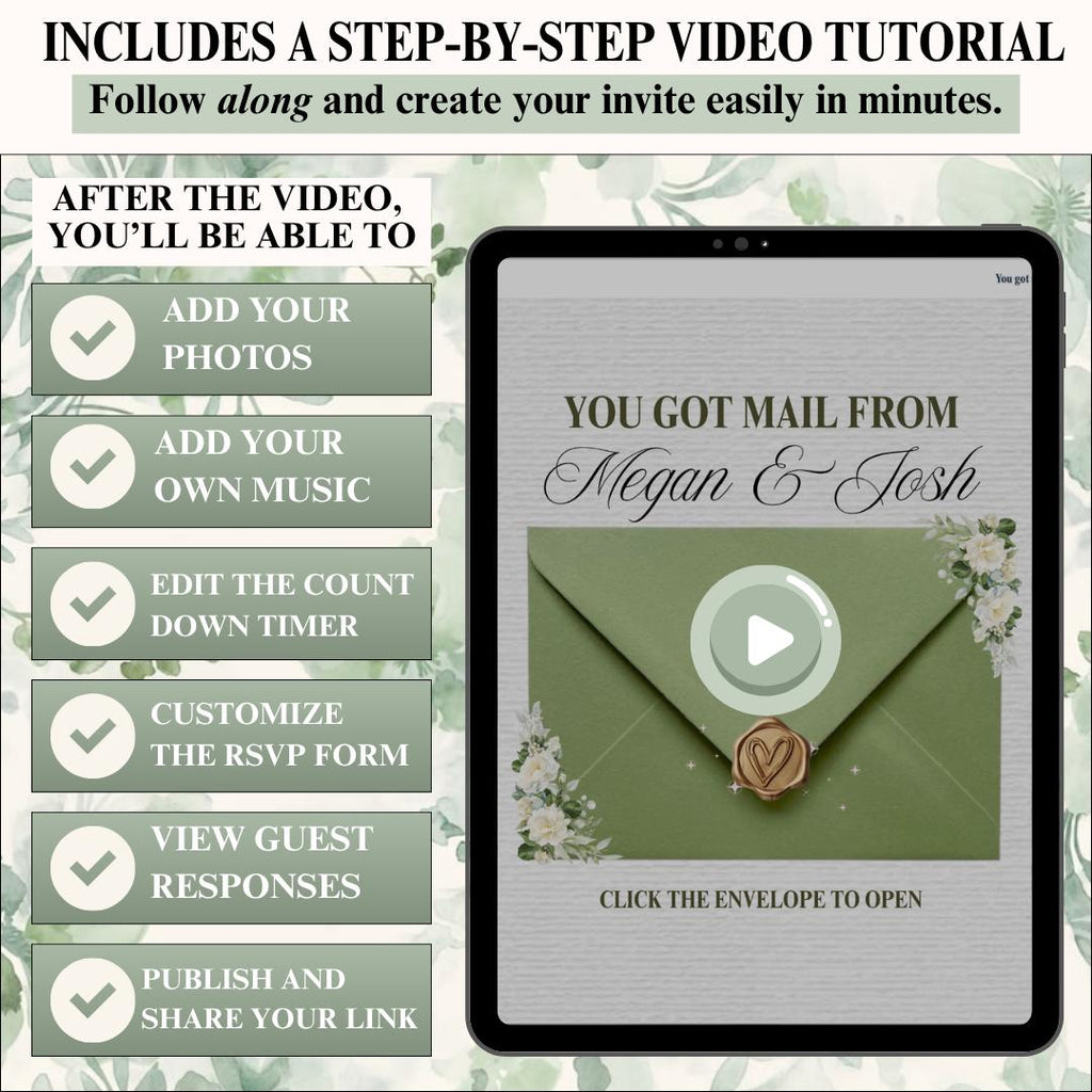 Sage green wedding invite website pages