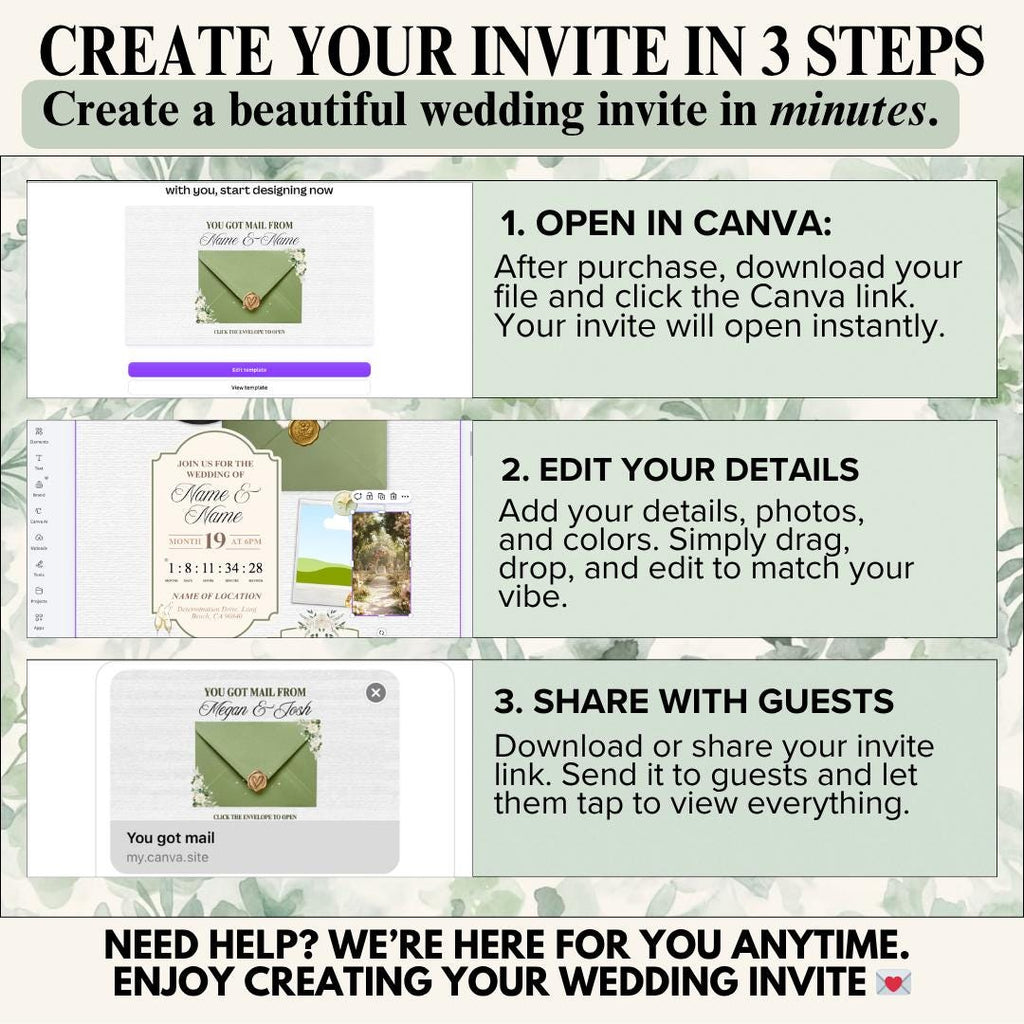 Sage green wedding invite website pages