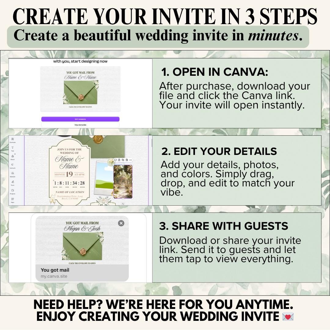 Sage green wedding invite website pages