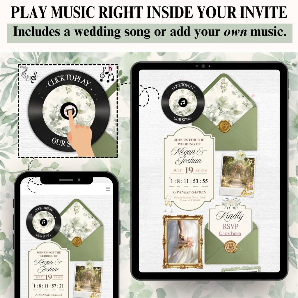 Sage green wedding invite website pages