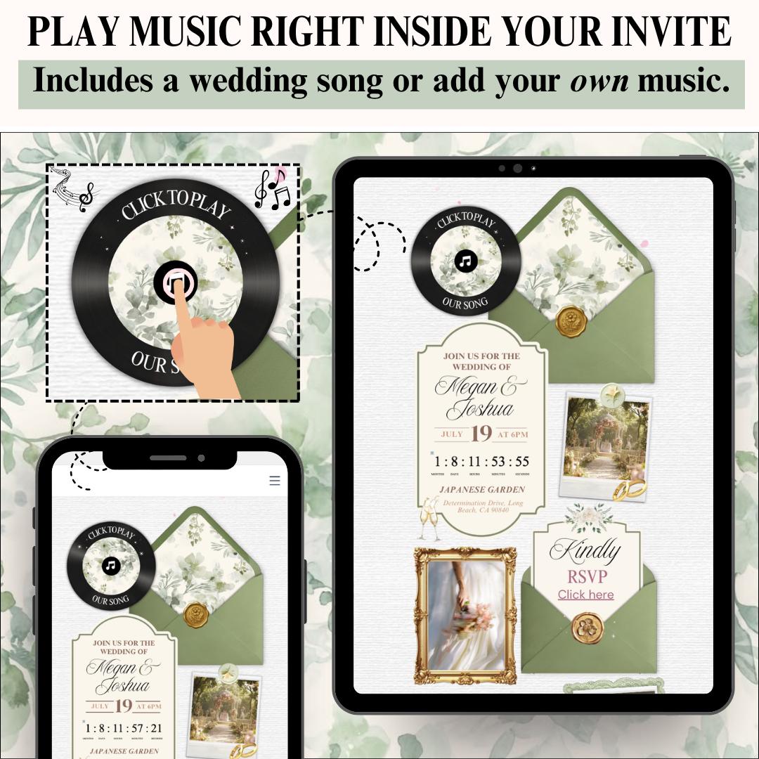 Sage green wedding invite website pages