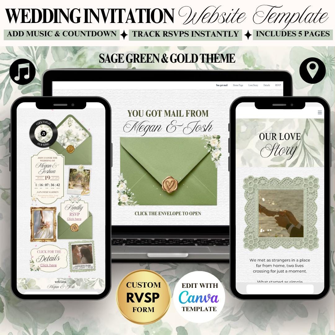 Sage green and gold floral wedding invitation website